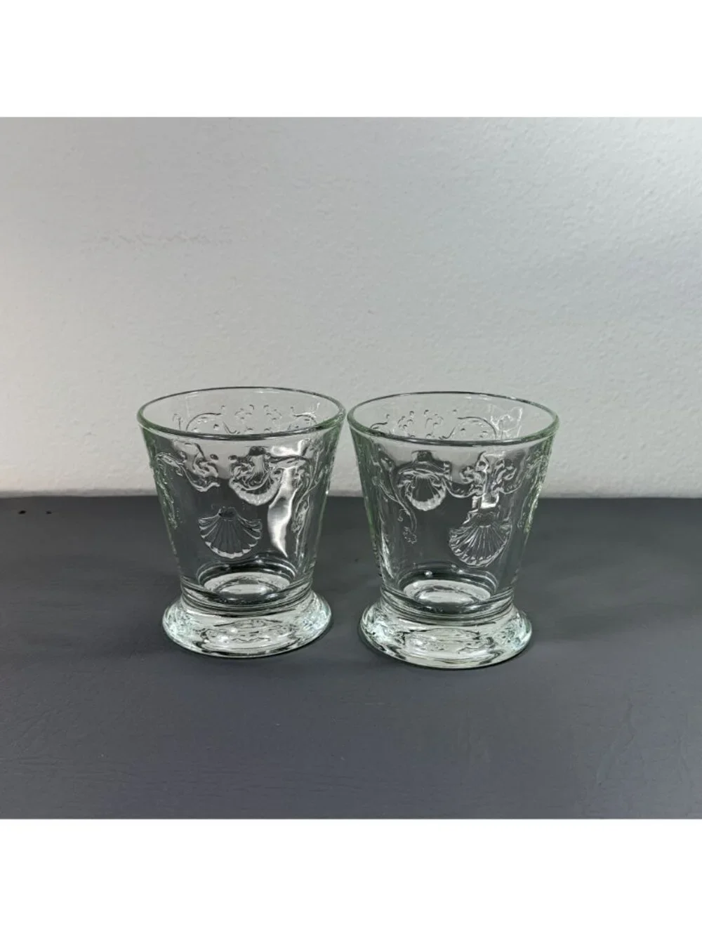 La Rochère France Clear Glass Mer Shell Footed Tumbler Juice Glasses Pair